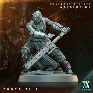 May include: A gray plastic miniature figure of a female warrior wearing armor and wielding a large, bladed weapon. The figure is posed in a dynamic action stance. The text "HALLOWED SISTERS ABSOLUTION" is visible at the top of the image, and "CONTRITE 2" is visible at the bottom.
