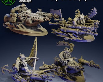 May include: A set of three 3D printed miniature pirate biker figures. Each figure is riding a unique, heavily armed, and detailed motorcycle. The figures are painted in a grey color and are ready to be assembled and painted.