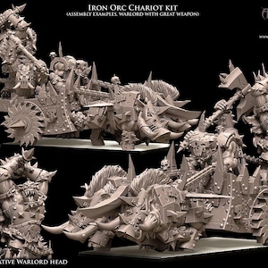 May include: A detailed, gray Iron Orc Chariot Kit with assembly examples. The kit features a warlord with a great weapon, spiked wheels, and a menacing design. The image also includes the text "ALTERNATIVE WARLORD HEAD".