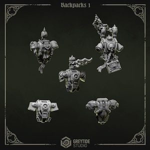 May include: Five detailed, gray miniature backpacks with intricate designs, including skulls, flames, and mechanical elements. The image is labeled "Backpacks 1" and features the "Greytide Studio" logo.
