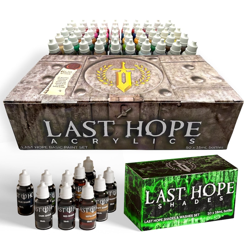 May include: A collection of acrylic paints in various colors, displayed in a wooden box and a green box. The boxes feature the text "LAST HOPE" and "ACRYLICS". The set includes multiple bottles of paint, each containing 15ml or 18ml.