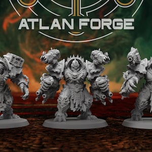May include: Three gray miniature figures of armored warriors with large weapons. The figures are standing on gray bases. The text "ATLAN FORGE" is at the top of the image.