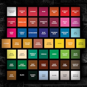 May include: A color chart featuring a grid of paint swatches with names. Colors include Titanium White, Crimson Red, Cobalt Blue, and Lemon Yellow. The text on the chart is clear and easy to read, making it a useful tool for artists and designers.