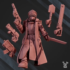 May include: A miniature figure of a soldier wearing a long coat and a gas mask, holding a sword and a pistol. The figure is painted in a light brown color.
