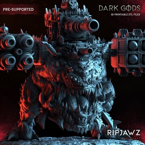 May include: A 3D printed model of a monstrous creature with a large mouth and sharp teeth. The creature is covered in spikes and has a large cannon mounted on its back. The model is labeled "Ripjawz The Beast" and "Dark Gods 3D Printable STL Files".