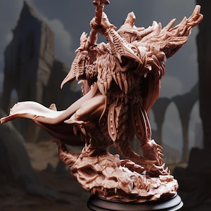 May include: A detailed, brown fantasy figurine of a warrior with ornate armor, a flowing cape, and a weapon held high. The figure is posed on a rocky base, with a dark circular stand. The background suggests a medieval setting.