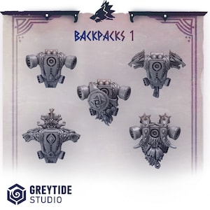 May include: Five 3D printed grey plastic backpack designs for miniature figures. The backpacks feature different designs, including a skull, a wolf, and a shield.
