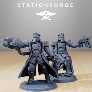 May include: Two gray plastic miniature figures of soldiers wearing gas masks and long coats, holding guns. The figures are standing on round bases.