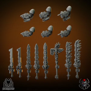 May include: A set of 3D printed miniature weapons for tabletop games, including swords, axes, and claws. The weapons are detailed with textured surfaces and sharp edges.