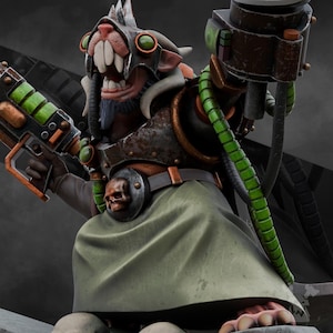 May include: A green and brown sci-fi action figure with a large head, sharp teeth, and a green gas mask. The figure is holding a green and black weapon and has a green and black hose attached to its back.