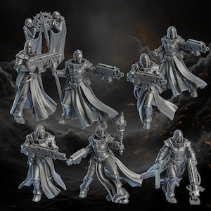 May include: A set of seven miniature figures, each wearing a hooded robe and holding a weapon. The figures are made of a gray material and are posed in various action stances. The figures are set against a dark background.
