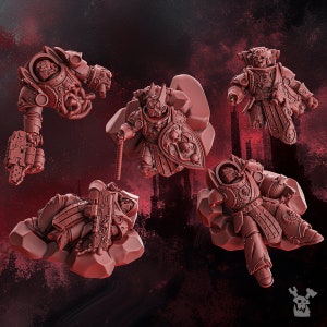 May include: Five miniature figures of space warriors in various poses, painted in a dark red color. The figures are standing on small rock-like bases.
