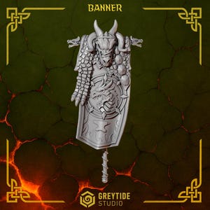 May include: A gray banner with a dragon head and horns at the top, flanked by two smaller dragon heads. The banner features a dragon emblem and the text "BANNER". The bottom of the banner has the "GREYTIDE STUDIO" logo.