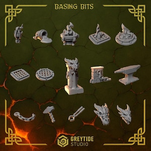 May include: A collection of miniature fantasy-themed basing bits, including a cauldron, anvil, dragon heads, and a pillar. The text "BASING BITS" is at the top. The GreyTide Studio logo is at the bottom.