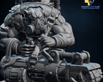 May include: A 3D printed miniature of a grotesque, heavily armed, and armored figure. The figure is holding a large, detailed weapon. The figure is wearing a gas mask and has a menacing expression. The miniature is pre-supported for 3D printing.