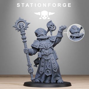 May include: A gray miniature figure of a character from a fantasy game, holding a staff with a skull on top. The figure wears a helmet and armor with skull details. The text "STATIONFORGE" is at the top.