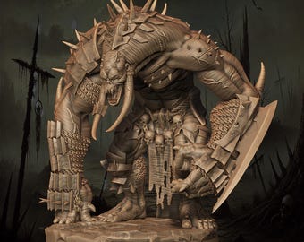 May include: A detailed miniature figurine of a monstrous creature with sharp teeth, horns, and a large axe. The creature is wearing armor made of bone and skulls. The figurine is painted in a light brown color.