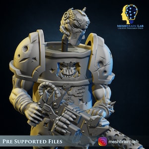 May include: A gray 3D printed miniature of a futuristic robot warrior with a large gun. The robot has a damaged helmet and a skull-like face. The miniature is pre-supported for 3D printing.