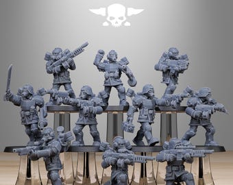Puede incluir: Un conjunto de diez figuras en miniatura de plástico gris, que representan soldados con armadura futurista, sosteniendo varias armas. Las figuras están en una variedad de posturas de acción y están dispuestas sobre una superficie gris. Las figuras son parte de un juego de guerra de mesa.