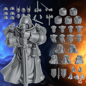 May include: A gray plastic miniature figure of a space marine wearing a hooded robe and holding a sword. The figure is surrounded by various other miniature parts, including helmets, armor pieces, and weapons.