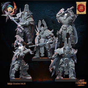May include: Five grey plastic miniature figures of warriors wearing armor and holding weapons. The figures are posed in various fighting stances. The figures are compatible with the "IX Age" game.