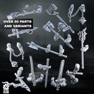 May include: A collection of grey miniature wargaming weapon parts, including various swords, axes, hammers, and flails held by armored gauntlets. The text OVER 60 PARTS AND VARIANTS is visible. These detailed plastic components feature intricate designs.