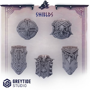May include: Five different shield designs with various patterns and symbols, including a skull, rope, and runes. The shields are gray and have a 3D effect. The word "SHIELDS" is written in a stylized font at the top of the image.