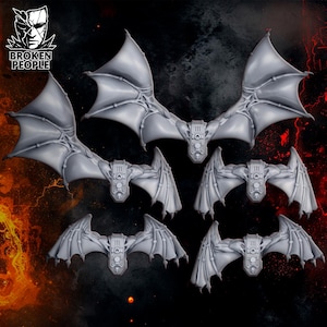 May include: Six gray, bat-like wings with detailed veining and a central mechanical component featuring a skull design. The wings are arranged against a dark, fiery background. The logo "BROKEN PEOPLE" is in the upper left corner.