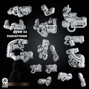 May include: A collection of grey resin miniature weapon components and arm parts for tabletop gaming figures. The set includes various plasma-style guns, heavy cannons, and mechanical limbs. Text on the image reads OVER 32 VARIATIONS.