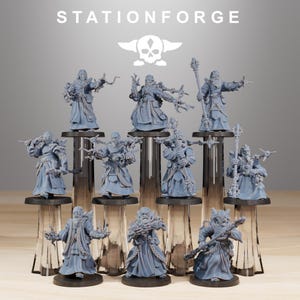 May include: A set of ten unpainted miniature figures of wizards wearing robes and holding staffs. The figures are posed in various dynamic stances. The figures are made of a gray plastic material. The figures are from the company Station Forge.