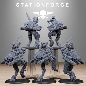 May include: Six gray miniature robot figures with weapons, standing on black bases. The figures are in various poses, some standing and some mounted on mechanical steeds. The word "STATIONFORGE" is printed at the top of the image.
