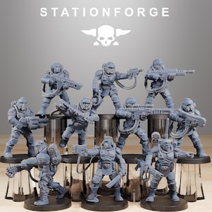 May include: A set of ten grey unpainted miniature soldier figurines from StationForge. Each figure wears tactical armor, helmets, and gas masks, holding various futuristic rifles and bladed weapons. The figures are posed in dynamic combat stances.