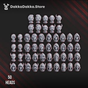 May include: A set of 50 grey plastic heads, each with a different design. The heads are arranged in rows and columns, and they are all facing forward. The text "50 HEADS" is printed at the bottom of the image.