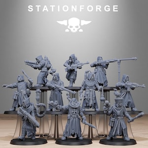 May include: A collection of gray miniature figurines, each depicting a robed figure with various weapons and accessories. The figures are arranged on a tiered display, with the "STATIONFORGE" logo and a skull emblem at the top.