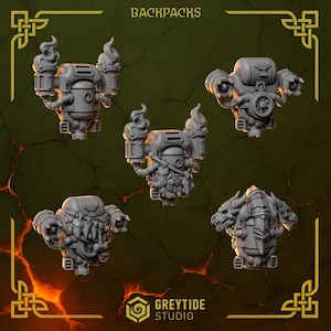 May include: Five gray miniature backpacks with intricate mechanical designs. Each backpack features unique details, including flame-like accents, gears, and stylized faces. The word "BACKPACKS" is at the top of the image.