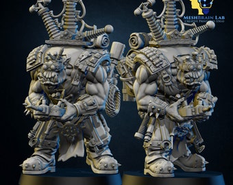 May include: A 3D printed miniature of an Orc wearing a backpack with a variety of mechanical parts and holding a device in its hand. The miniature is in a gray color and is pre-supported for 3D printing.