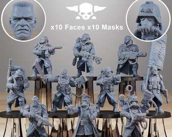 Könnte beinhalten: Zehn graue Plastik-Miniaturfiguren von Soldaten, die Gasmasken tragen und Waffen halten. Die Figuren sind in einem Kreis auf einer schwarzen Oberfläche angeordnet. Der Text "STATIONFORGE x10 Faces x10 Masks" ist über den Figuren gedruckt.