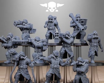 May include: A set of ten gray plastic miniature figures of soldiers wearing gas masks and holding various weapons. The figures are posed in different action stances. The figures are all standing on small circular bases.