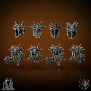 May include: Eight 3D printed miniature models of a sci-fi weapon with a skull design. The models are pre-supported and ready to be printed.