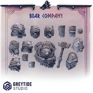 May include: A set of 13 grey plastic miniatures depicting a bear company, including helmets, shoulder pads, a shield, and a weapon. The miniatures are designed for tabletop gaming.