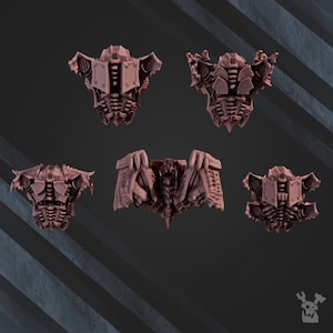 May include: Five 3D printed plastic models of a creature with a skeletal, biomechanical design. The models are in various poses, including a standing pose, a flying pose, and a pose with arms outstretched.