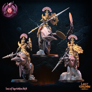 May include: Three miniature figures of warriors riding worm-like creatures. The warriors are wearing gold armor and helmets with pink plumes. They are holding spears and shields. The figures are painted in a detailed and realistic style. The figures are part of the "Sons of Depravation Vol II" collection from Lost Kingdom Miniatures.