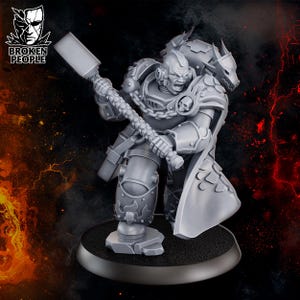 May include: A gray figurine of a warrior in detailed armor, holding a large hammer. The figure has a stern expression and is adorned with chains and a skull emblem. The base is black, and the background has fiery effects.