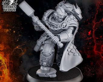 May include: A grey figurine of a warrior in detailed armour, holding a large hammer. The figure has a stern expression and is adorned with chains and a skull emblem. The base is black, with fiery effects in the background.