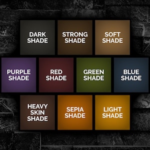 May include: A grid of ten color swatches, each labeled with a shade name. Colors include dark, strong, soft, purple, red, green, blue, heavy skin, sepia, and light shades. The text is in white.