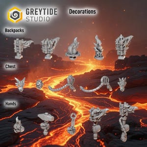 May include: A collection of grey 3D-printed miniatures, including backpacks, chests, hands, and decorative flame-like objects. The image features the "GREYTIDE STUDIO" logo and the word "Decorations". The background shows a lava-like landscape.
