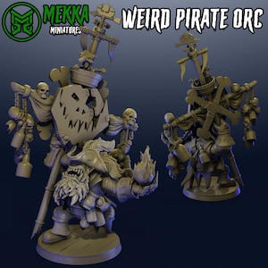 May include: A 3D printed miniature of a green-skinned orc pirate holding a flaming orb and a skull-adorned flag. The orc is wearing a pirate hat and has a long beard. The flag has a skull and crossbones design. The miniature is painted in a brown and grey color scheme.