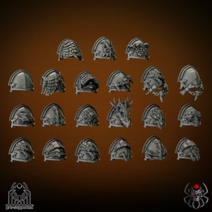 May include: A set of 24 miniature plastic shoulder pads for tabletop gaming. The shoulder pads feature a variety of designs, including skulls, chains, dragons, and flames. The shoulder pads are all grey in color.
