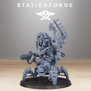 May include: A gray plastic miniature of a robot with a human-like head and four spider-like legs. The robot is holding a weapon in its right hand.