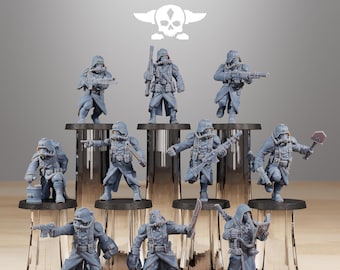 Pode incluir: Um conjunto de dez miniaturas de plástico não pintadas de soldados usando máscaras de gás e carregando armas. As miniaturas estão em várias poses de ação e estão prontas para serem pintadas.